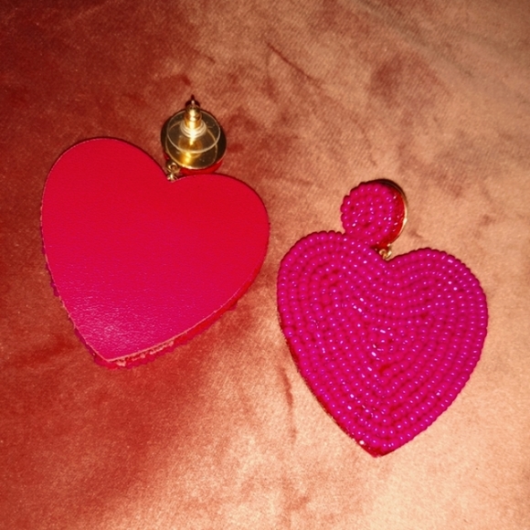 Handmade Large Fuchsia Heart Beaded Earrings Seed Beads Statement Jewelry New - Picture 7 of 10